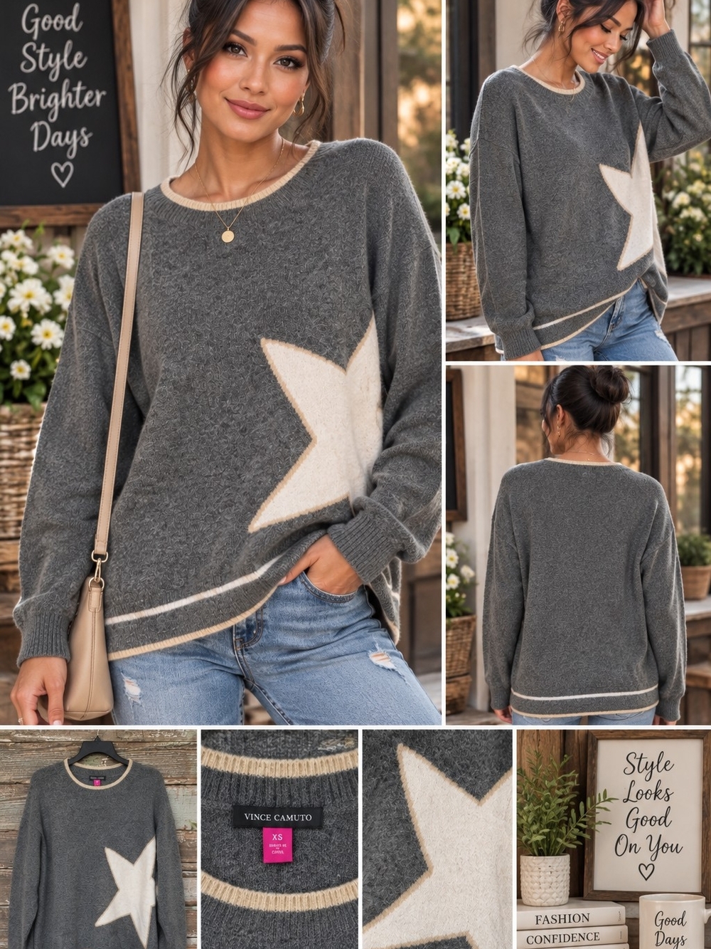 Vince Camuto Women’s XLP Gray Oversized Star Sweater NWT